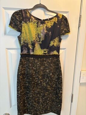 Elie Tahari Black and Yellow Tweed Short Sleeve Dress
